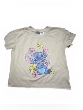 Disney Beige Kids T-Shirt with Blue Stitch and Pink & Yellow Floral Graphic